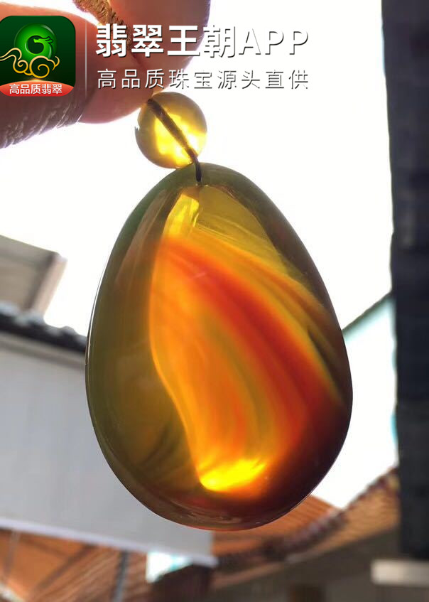 缅甸金棕彩虹蜜水滴形琥珀挂件天然琥珀吊坠
